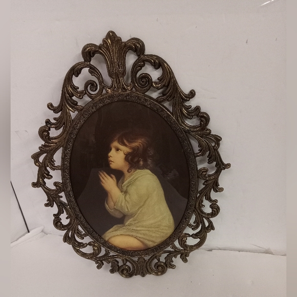 Large Framed Convex Bubble Glass Antique Gold Metal Praying Child Vintage 13x10" - Picture 1 of 5